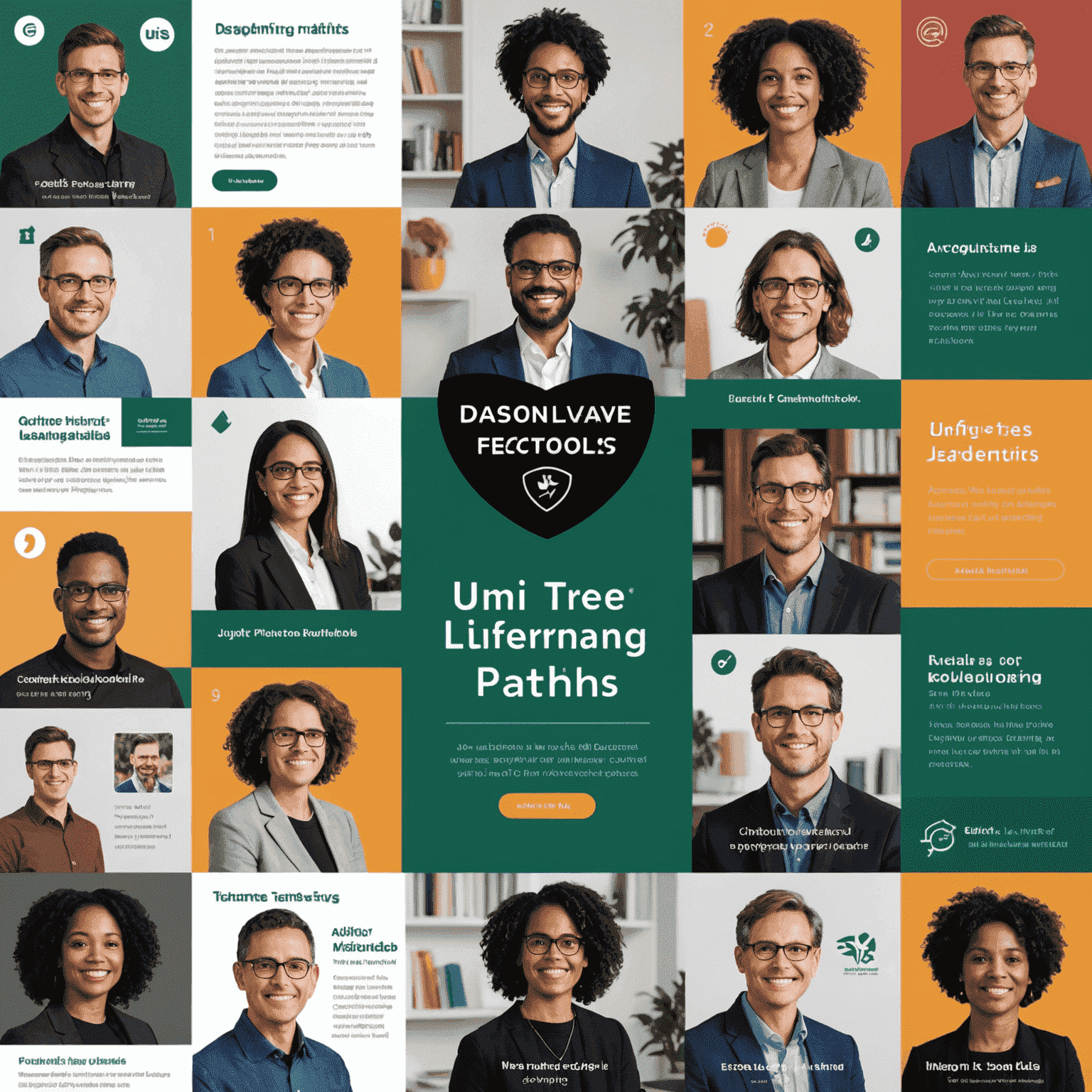 Collage showcasing Uni Tree's top features: adaptive learning paths, interactive video lectures, virtual labs, collaboration tools, progress tracking dashboards, multi-language support, AI tutoring, gamified learning, skill assessments, and micro-credentials.