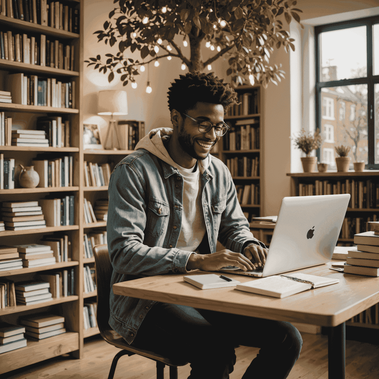 A student sitting at a desk, using a laptop with the Uni Tree platform open, surrounded by books and looking engaged and happy