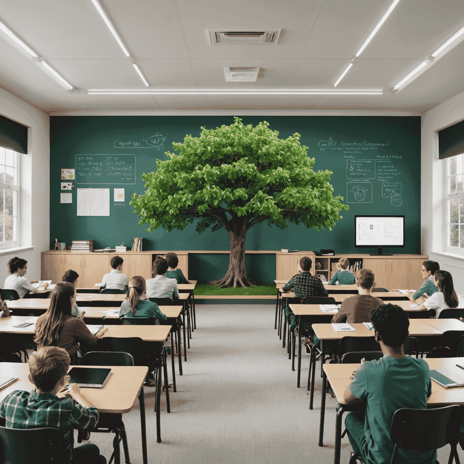 A split image showing a modern, digital learning environment with Uni Tree on one side, and a traditional classroom setting on the other