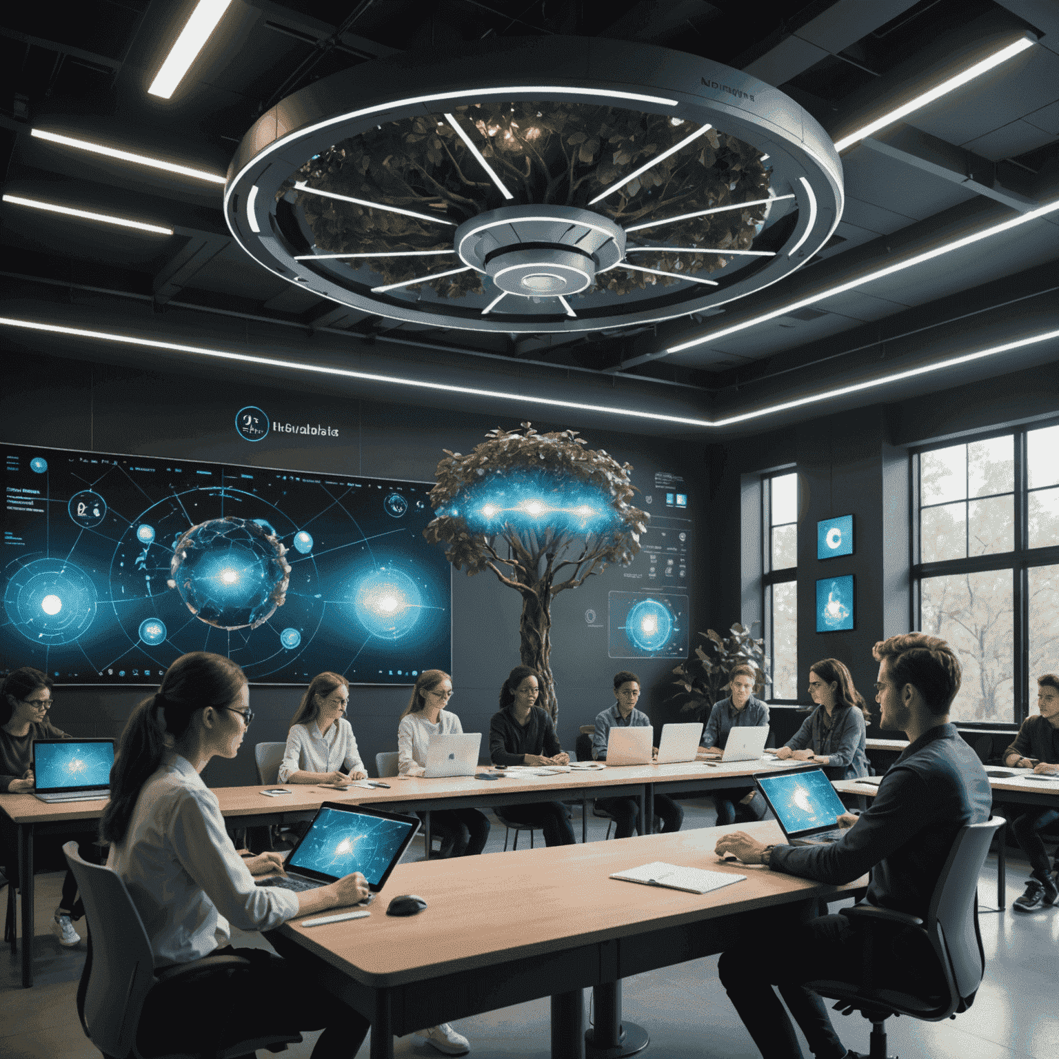 A futuristic classroom with students using advanced Uni Tree technology, including holographic displays and AI-assisted learning tools