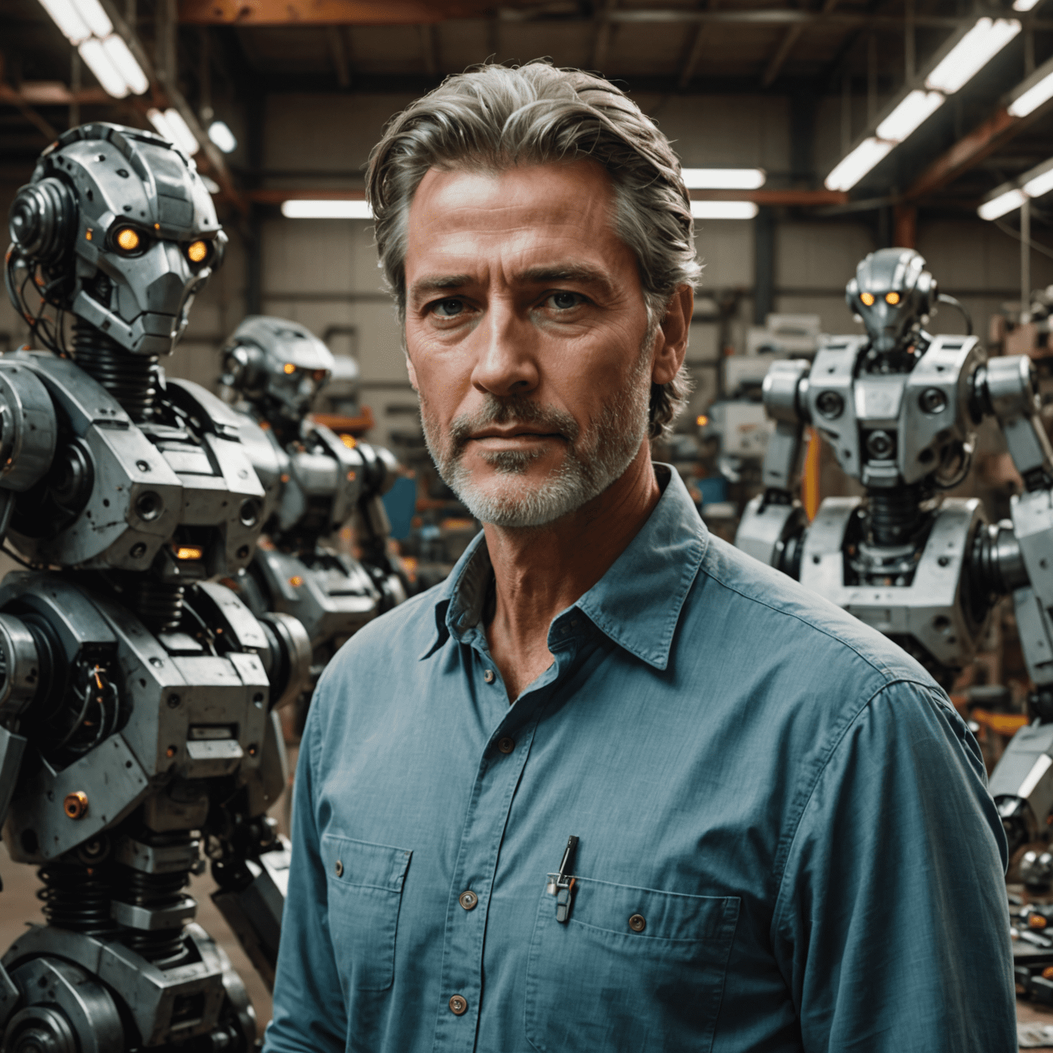 Portrait of John Smith, a man in his late 40s with salt-and-pepper hair, wearing a casual button-up shirt. He is pictured in a workshop environment surrounded by unitree robot parts.