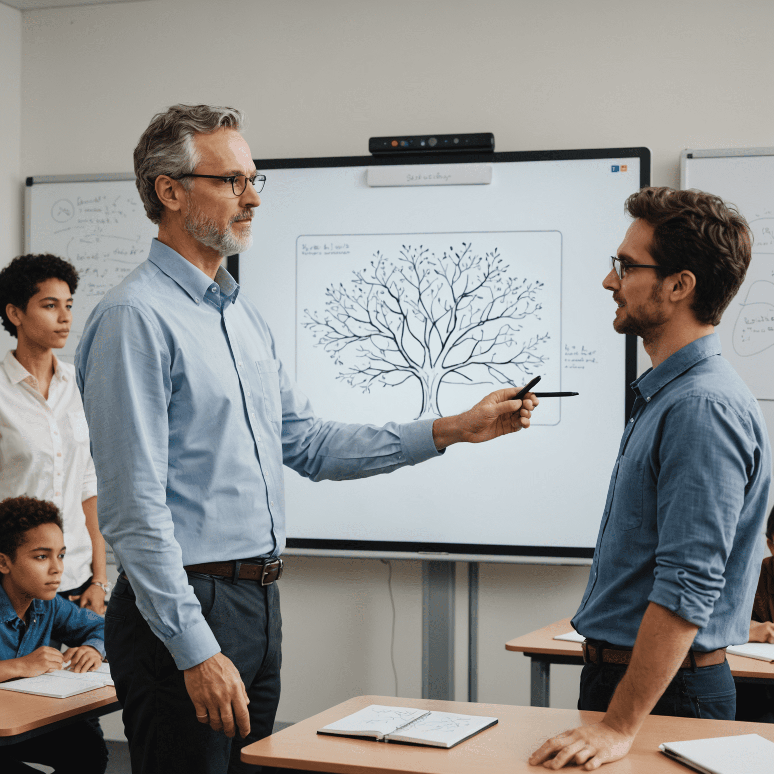 A professor standing in front of a digital whiteboard, demonstrating Uni Tree features to a group of attentive students