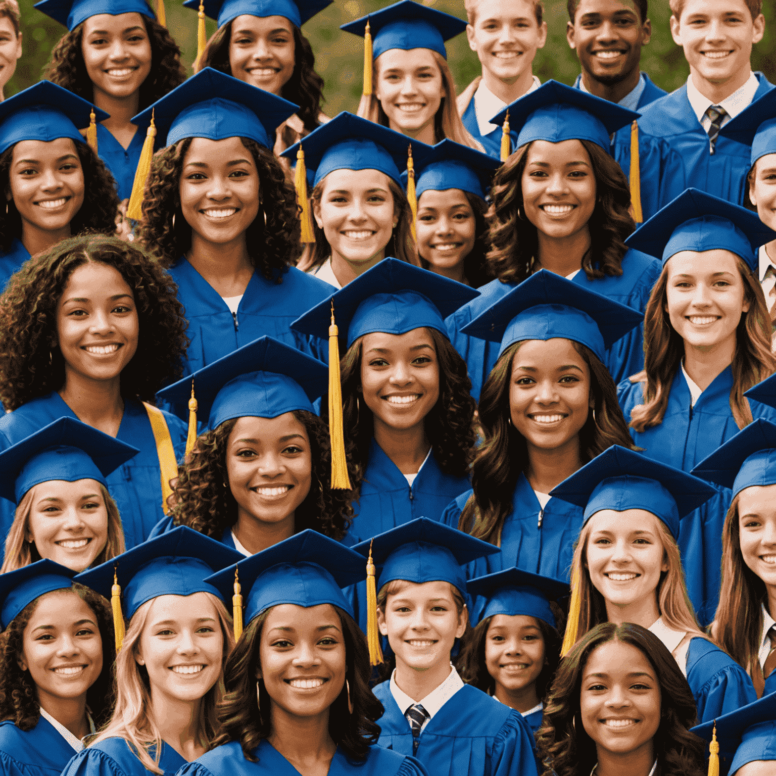 A montage of diverse, smiling faces representing students and educators who have benefited from Uni Tree, with graduation caps and diplomas symbolizing their achievements.