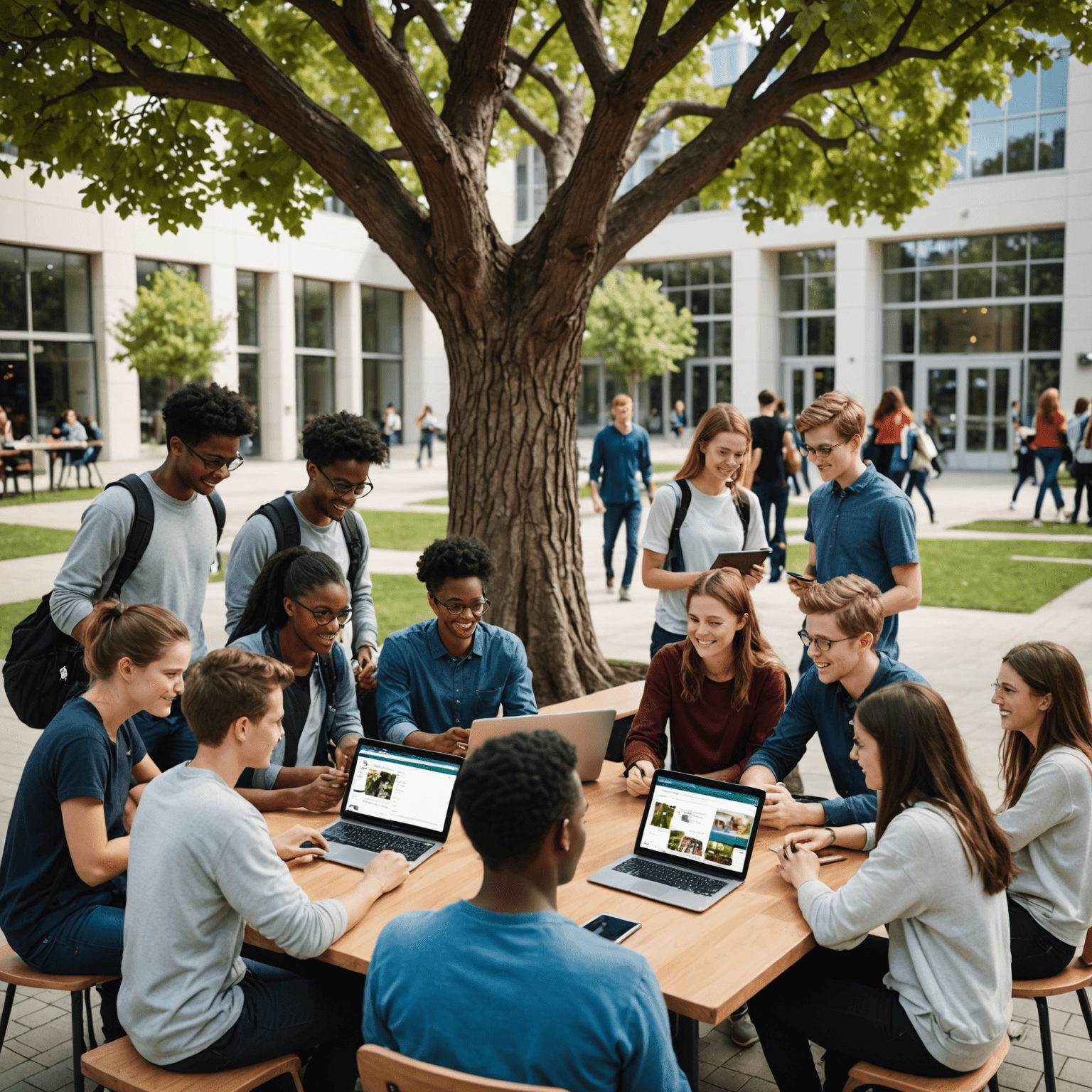 A diverse group of students collaborating on a project using tablets and laptops, all connected to the Uni Tree platform