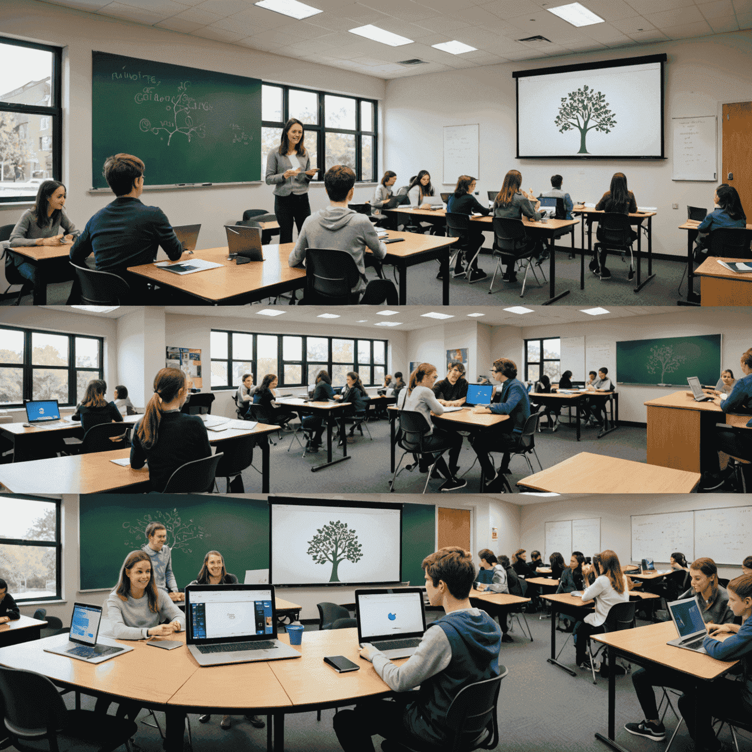 A split-screen image comparing a traditional classroom setting with students using Uni Tree on various devices