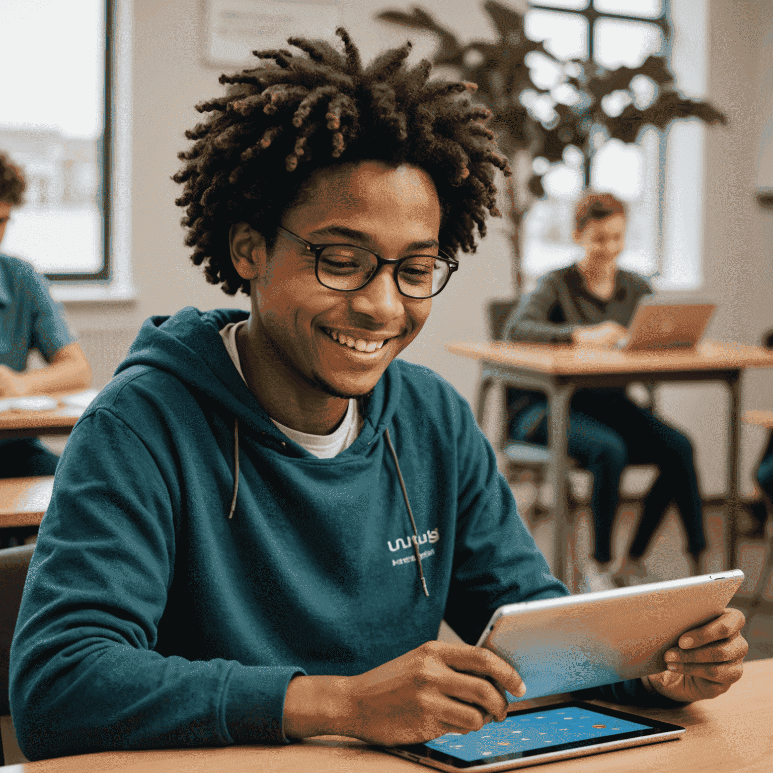 A student with a visible learning disability smiling while using a tablet with Uni Tree's accessibility features prominently displayed