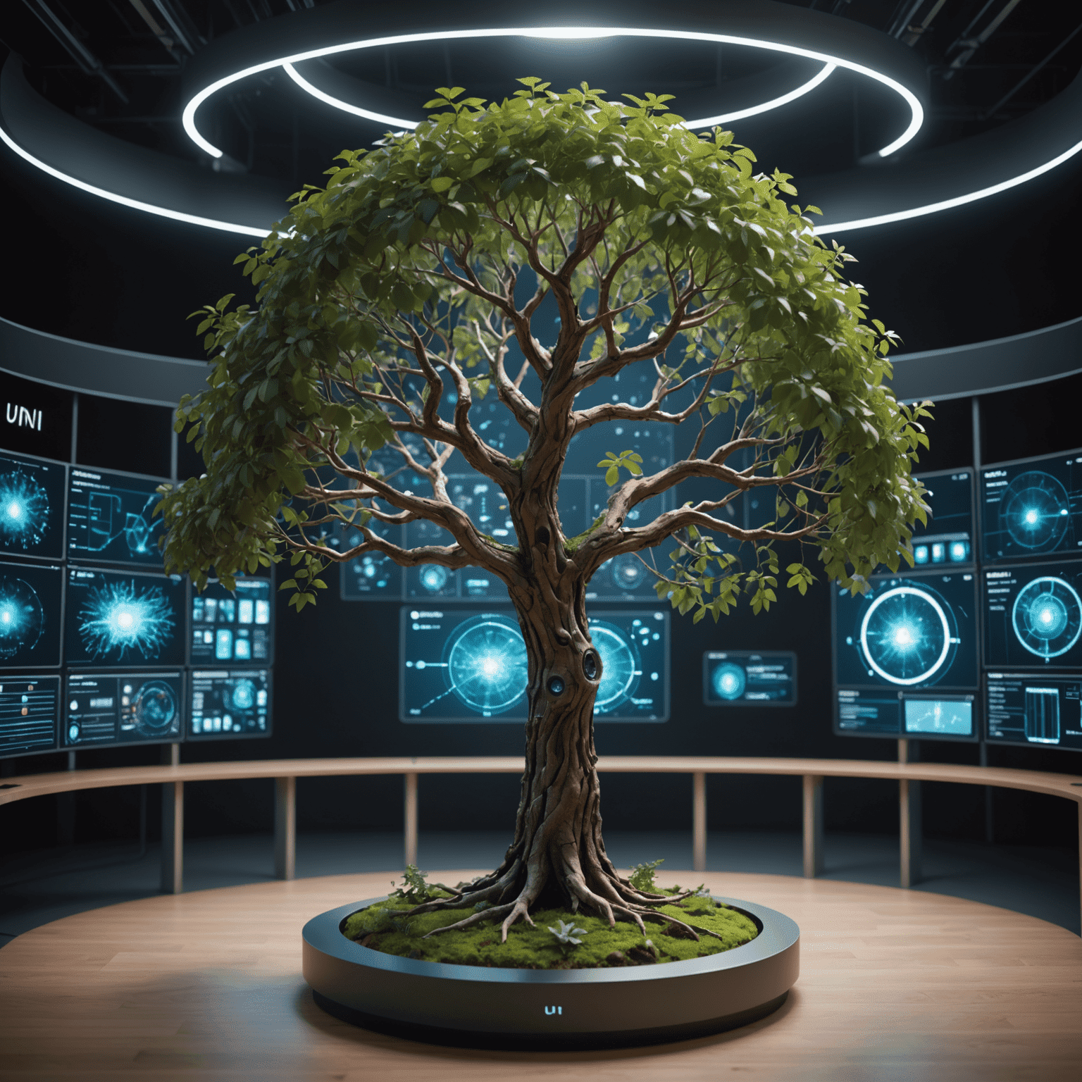 A futuristic representation of Uni Tree's interface with holographic displays and AI-assisted learning tools