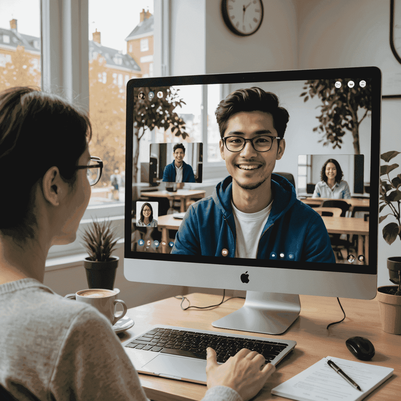 An international student video conferencing with a tutor through Uni Tree, with language translation features visible on the screen