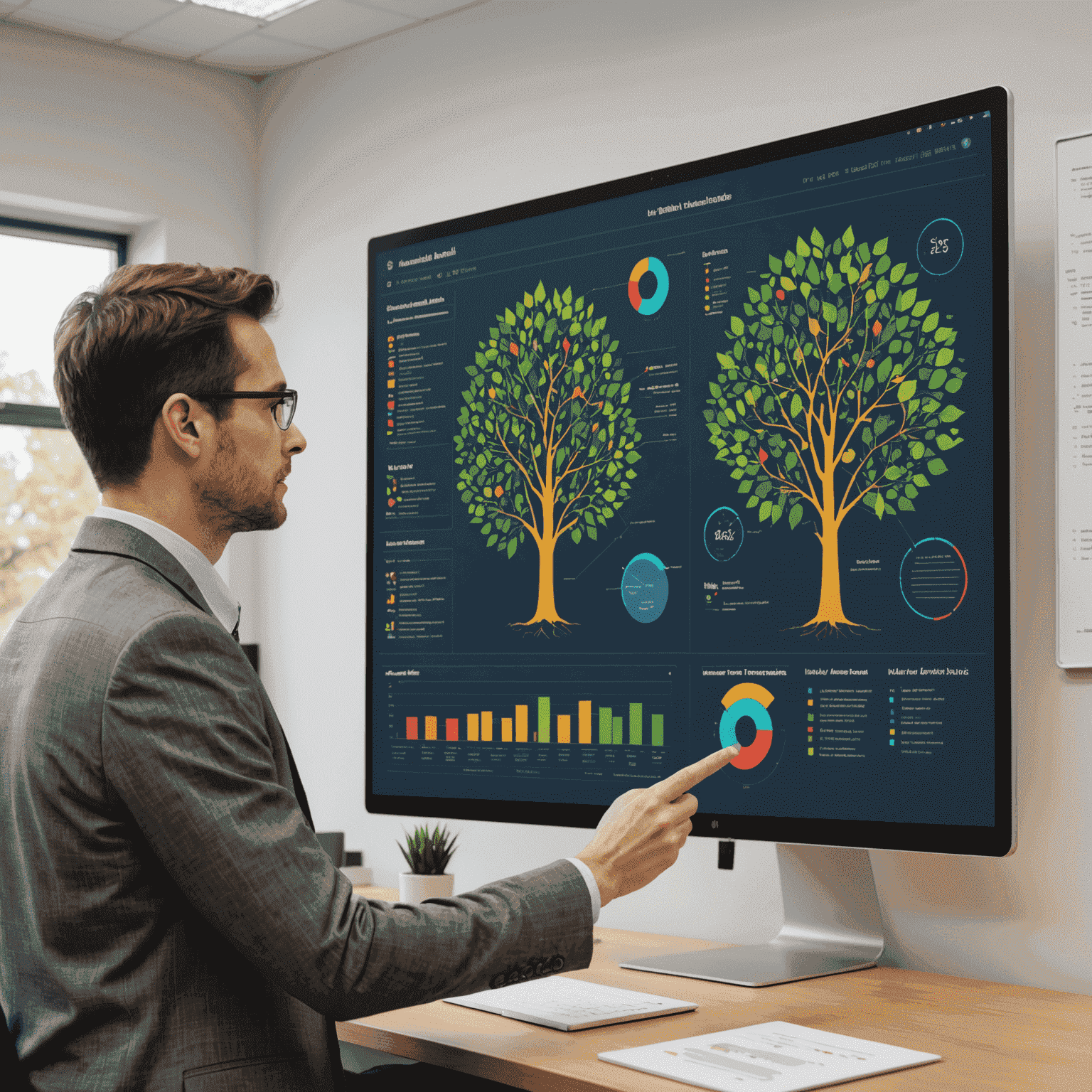 A university administrator reviewing detailed Uni Tree analytics on a large screen, showing student performance trends and engagement metrics